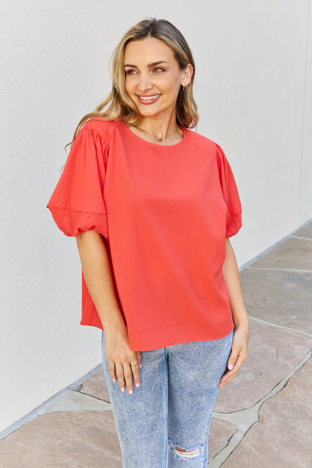 Womens Top | Petal Dew Sweet Innocence Full Size Puff Short Sleeve Top In Tomato