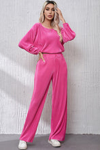 Load image into Gallery viewer, Pink Ribbed Round Neck Top and Pants Set | top
