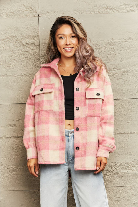 Womens Jacket-Plaid Collared Neck Button Down Jacket