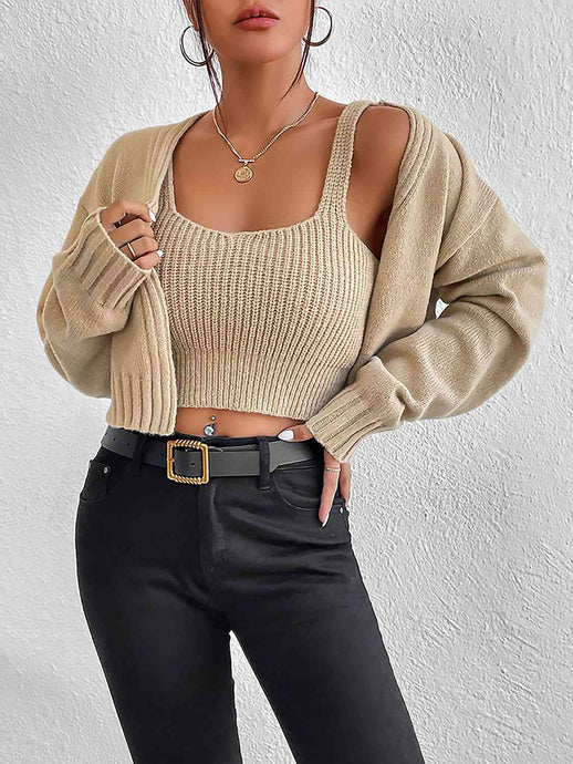 Womens Sweater-Plain Sweater Cami and Cardigan Set