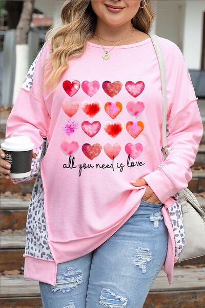 Plus Size Heart Leopard Dropped Shoulder Sweatshirt | top