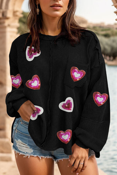 Womens Sweatshirt-Plus Size Heart Sequin Round Neck Sweatshirt | top