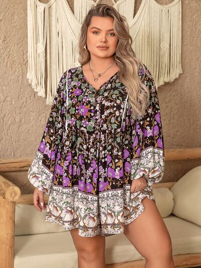 Womens Mini Dress-Plus Size Printed Tie Neck Mini Dress | Top