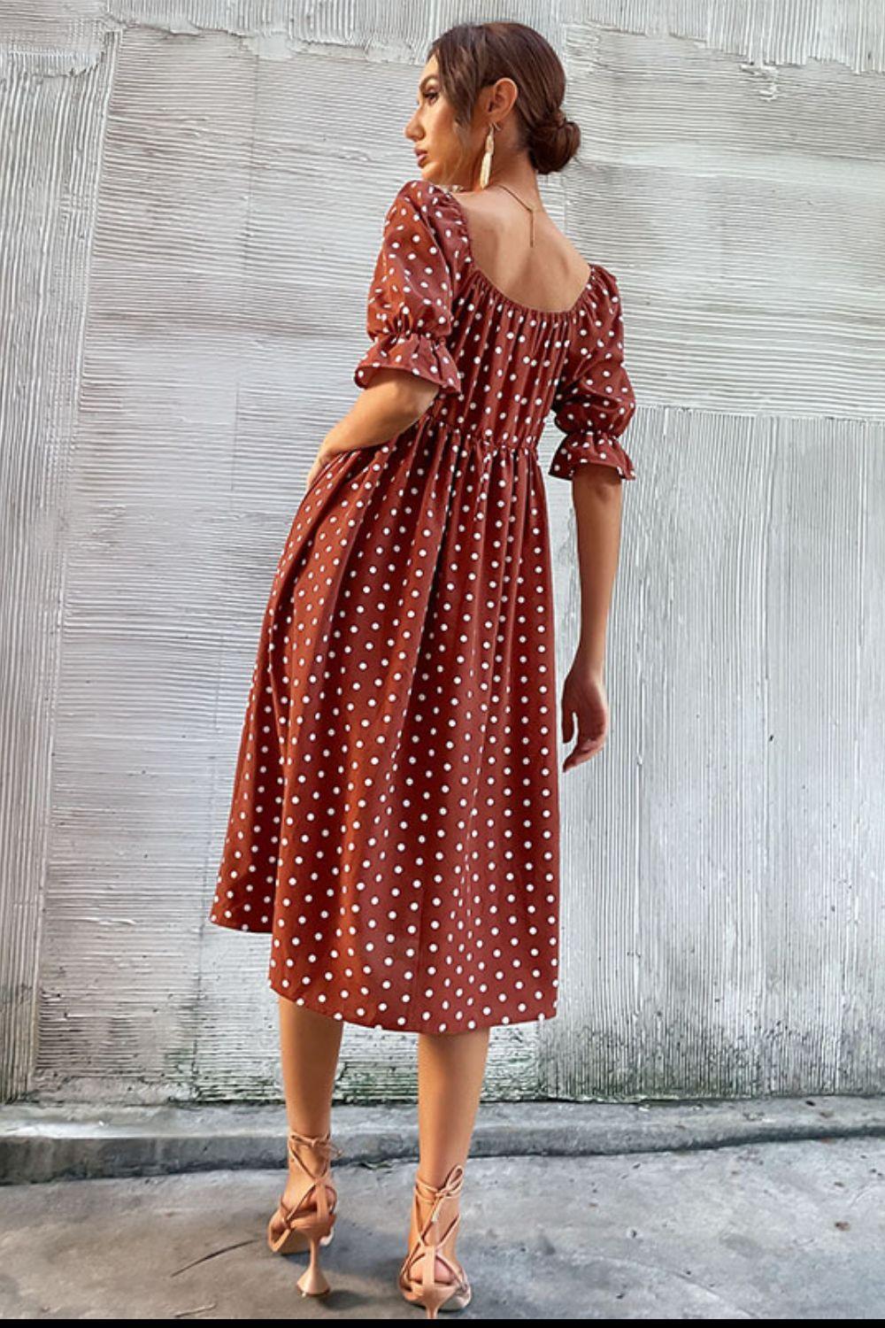 Womens Dress-Polka Dot Square Neck Flounce Sleeve Dress | Dresses/Midi Dresses