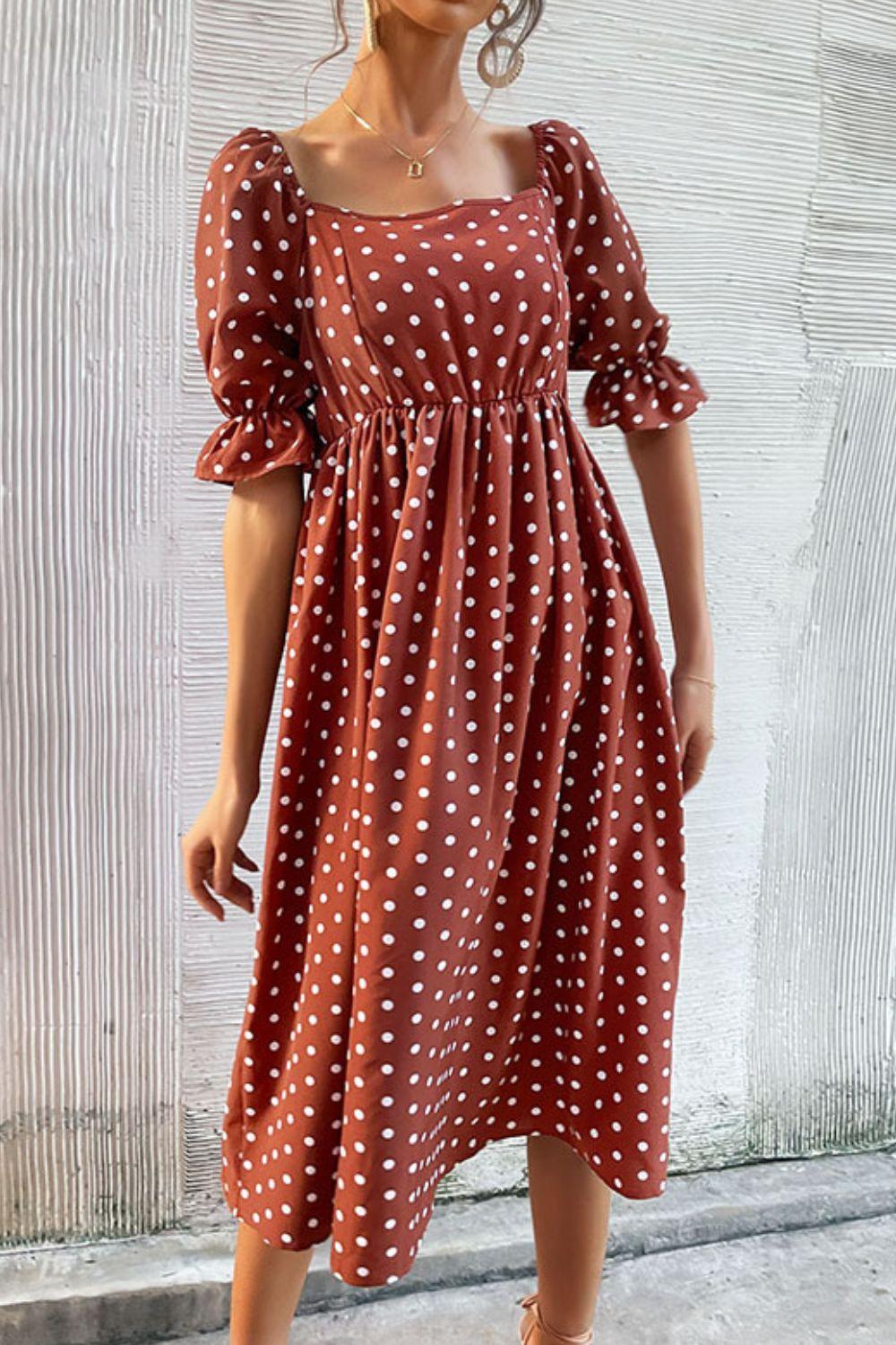 Womens Dress-Polka Dot Square Neck Flounce Sleeve Dress | Dresses/Midi Dresses