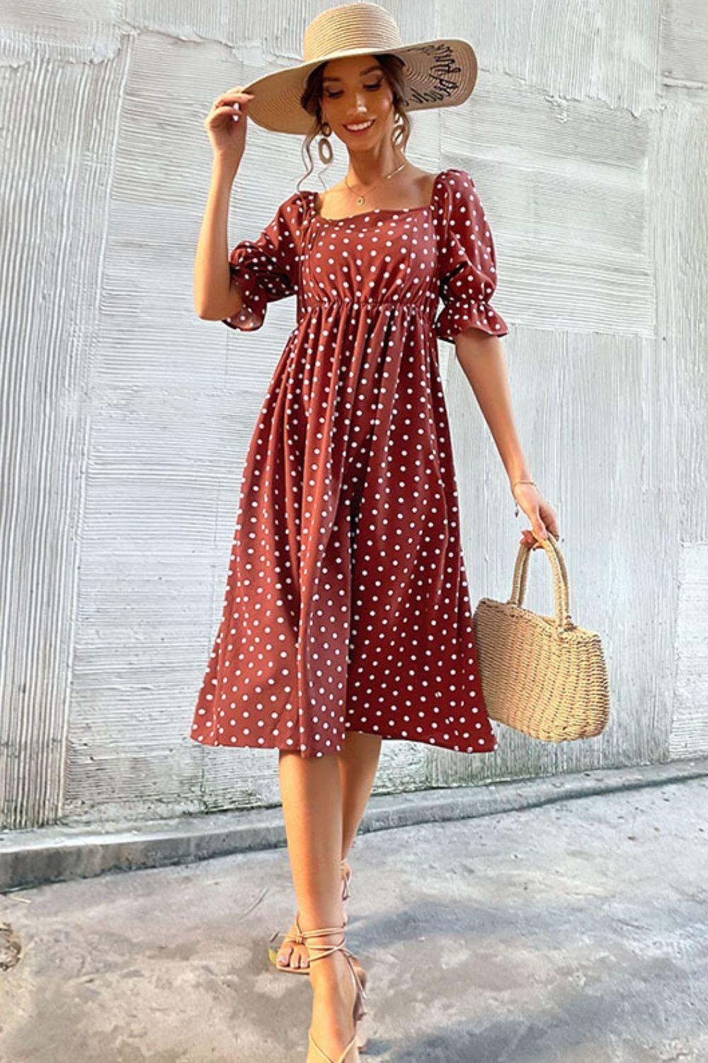 Womens Dress-Polka Dot Square Neck Flounce Sleeve Dress | Dresses/Midi Dresses