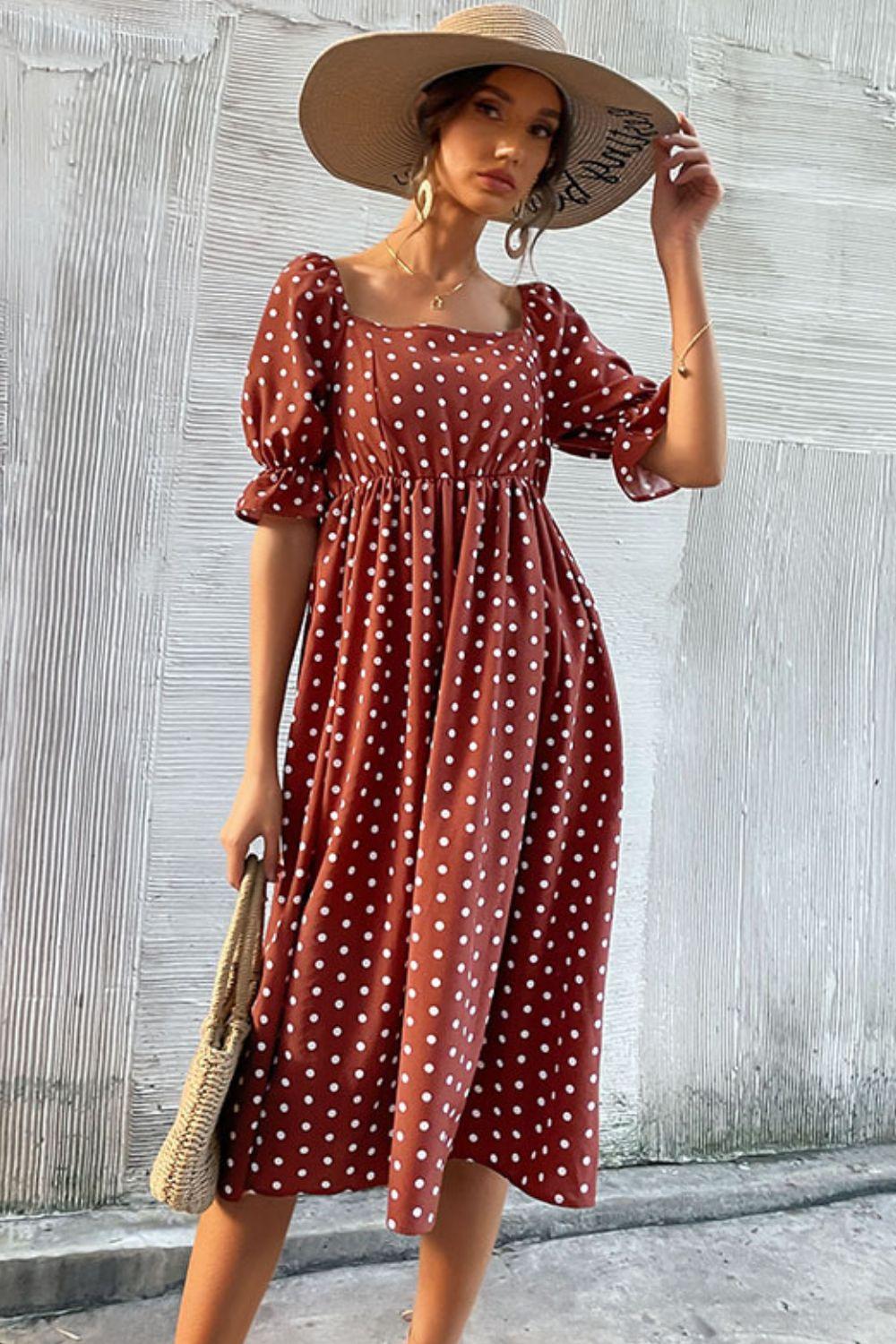 Polka Dot Square Neck Flounce Sleeve Dress Broke Girl Philanthropy