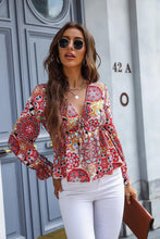 Load image into Gallery viewer, Womens Blouse-Printed Deep V Flounce Sleeve Blouse | Tops/Blouses &amp; Shirts
