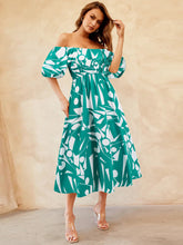 Load image into Gallery viewer, Womens Dress-Printed Off-Shoulder Balloon Sleeve Dress | Dress
