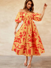 Load image into Gallery viewer, Womens Dress-Printed Off-Shoulder Balloon Sleeve Dress | Dress
