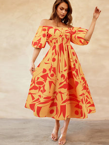 Womens Dress-Printed Off-Shoulder Balloon Sleeve Dress | Dress