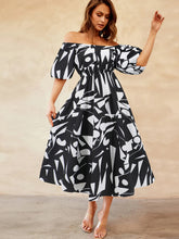 Load image into Gallery viewer, Womens Dress-Printed Off-Shoulder Balloon Sleeve Dress | Dress
