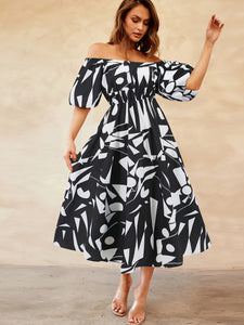 Womens Dress-Printed Off-Shoulder Balloon Sleeve Dress | Dress