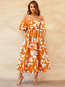 Womens Dress-Printed Off-Shoulder Balloon Sleeve Dress | Dress