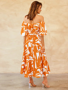 Womens Dress-Printed Off-Shoulder Balloon Sleeve Dress | Dress