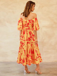 Womens Dress-Printed Off-Shoulder Balloon Sleeve Dress | Dress