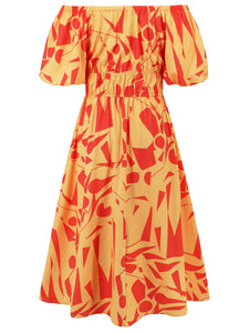 Womens Dress-Printed Off-Shoulder Balloon Sleeve Dress | Dress