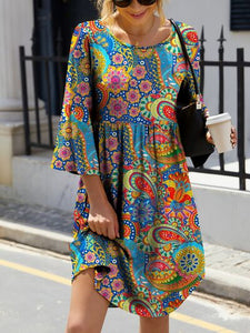 Womens Dress-Printed Round Neck Three-Quarter Sleeve Dress | Dresses/Mini Dresses