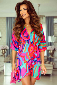 Womens Mini Dress-Printed Ruffled Mini Dress