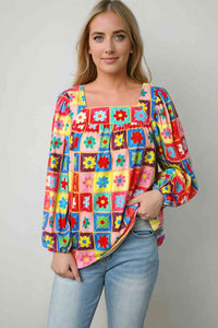 Womens Blouse-Printed Square Neck Balloon Sleeve Top | Tops/Blouses & Shirts