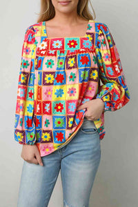 Womens Blouse-Printed Square Neck Balloon Sleeve Top | Tops/Blouses & Shirts