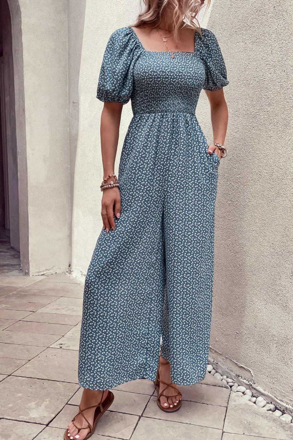 Womens Jumpsuit-Printed Square Neck Jumpsuit with Pockets