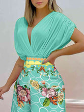 Load image into Gallery viewer, Womens Pants Set-Printed Surplice Top and Wide Leg Pants Set
