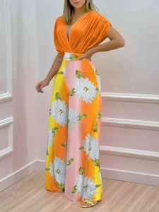 Womens Pants Set-Printed Surplice Top and Wide Leg Pants Set