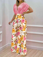 Load image into Gallery viewer, Womens Pants Set-Printed Surplice Top and Wide Leg Pants Set
