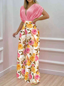 Womens Pants Set-Printed Surplice Top and Wide Leg Pants Set