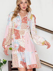 Womens Dress-Printed Tie Neck Long Sleeve Dress | Dresses/Mini Dresses