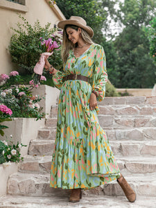 Womens Maxi Dress-Printed Tie Neck Long Sleeve Maxi Dress