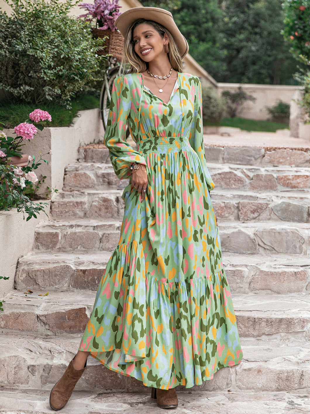 Womens Maxi Dress-Printed Tie Neck Long Sleeve Maxi Dress