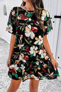 Womens Mini Dress-Printed Tiered Round Neck Mini Dress | Dress