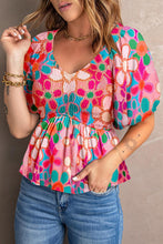 Load image into Gallery viewer, Womens Blouse-Printed V-Neck Baby Doll Blouse | Tops/Blouses &amp; Shirts
