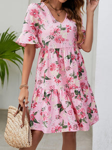 Womens Dress-Printed V-Neck Knee-Length Dress | Dresses/Mini Dresses