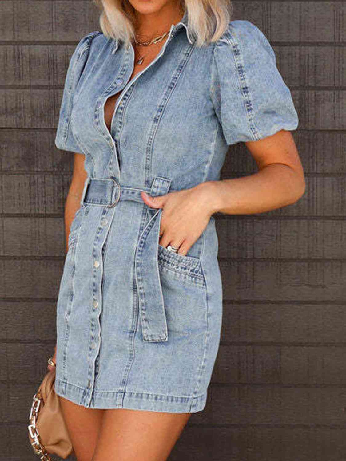 Womens Mini Dress-Puff Sleeve Button Up Mini Denim Dress