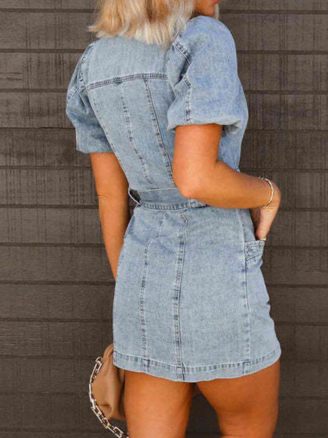 Womens Mini Dress-Puff Sleeve Button Up Mini Denim Dress