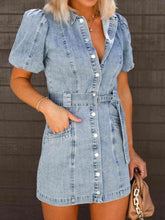 Load image into Gallery viewer, Womens Mini Dress-Puff Sleeve Button Up Mini Denim Dress
