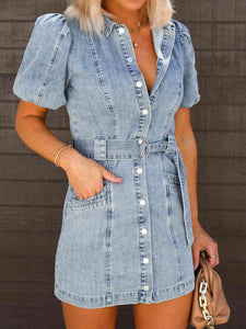 Womens Mini Dress-Puff Sleeve Button Up Mini Denim Dress