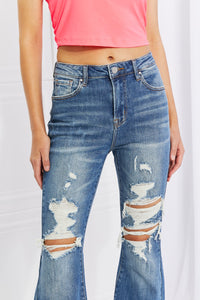 RISEN Full Size Hazel High Rise Distressed Flare Jeans | Blue Jeans