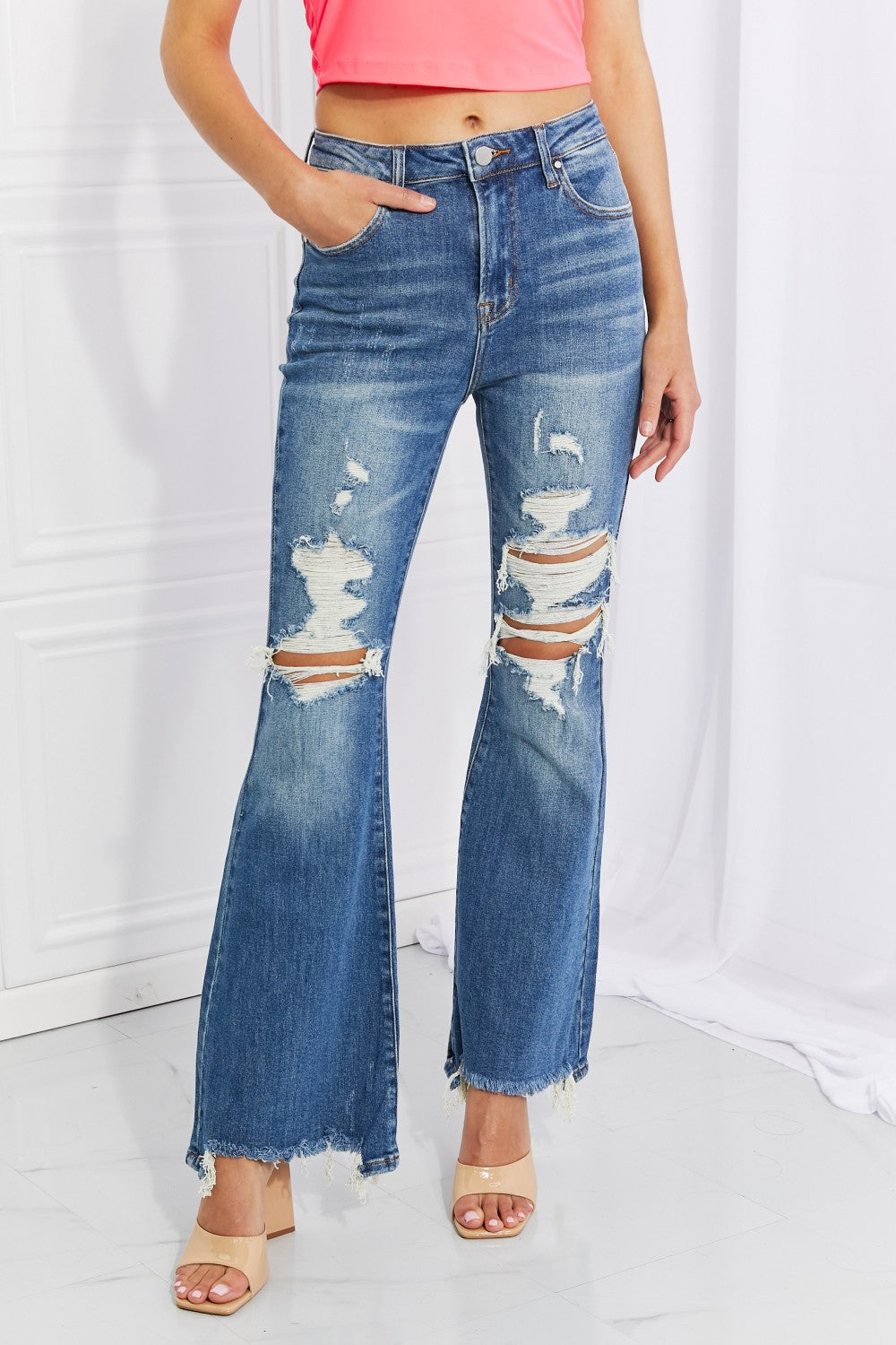 RISEN Full Size Hazel High Rise Distressed Flare Jeans | Blue Jeans