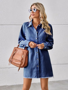 Womens Denim Dress-Raw Hem Button Up Denim Dress | Dresses/Mini Dresses