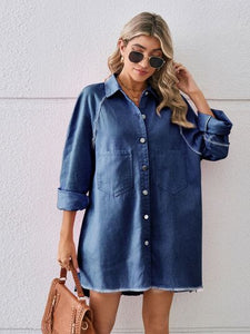 Womens Denim Dress-Raw Hem Button Up Denim Dress | Dresses/Mini Dresses