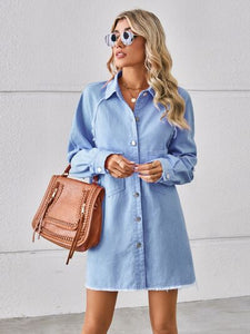 Womens Denim Dress-Raw Hem Button Up Denim Dress | Dresses/Mini Dresses