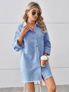 Womens Denim Dress-Raw Hem Button Up Denim Dress | Dresses/Mini Dresses