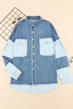 Load image into Gallery viewer, Womens Denim Jacket-Raw Hem Button Up Denim Jacket with Breast Pockets | Denim Jacket
