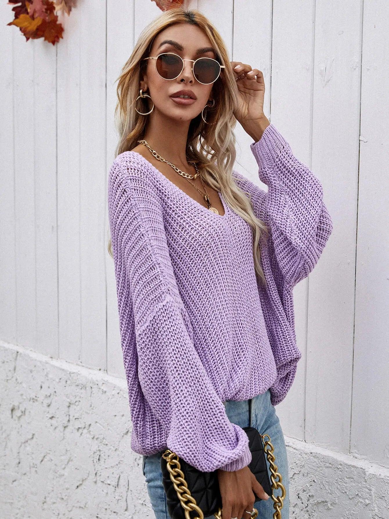 Womens Sweater-Rib-Knit Drop Shoulder V-Neck Pullover Sweater | Tops