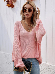 Rib-Knit Drop Shoulder V-Neck Pullover Sweater Broke Girl Philanthropy