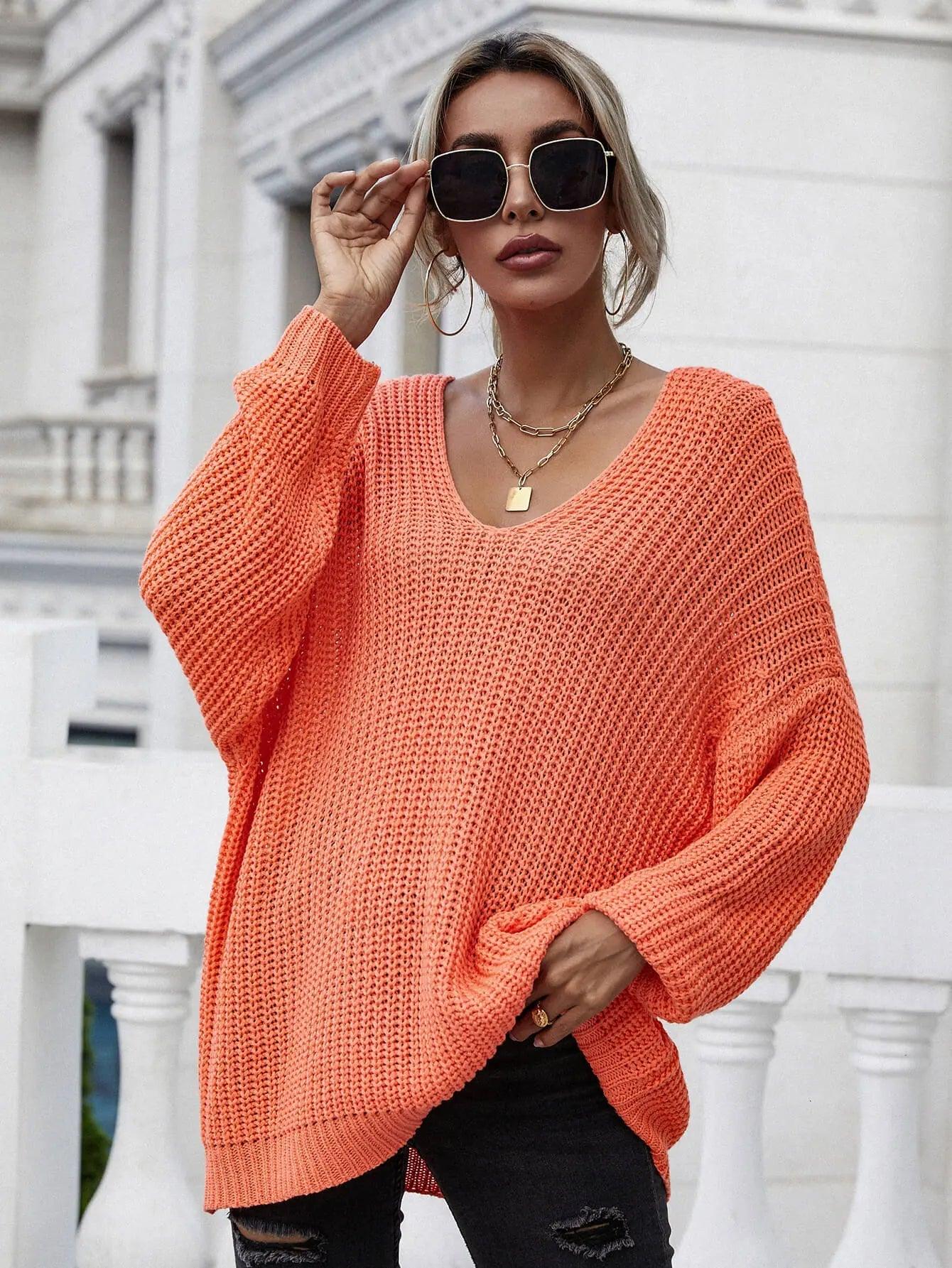 Womens Sweater-Rib-Knit Drop Shoulder V-Neck Pullover Sweater | Tops